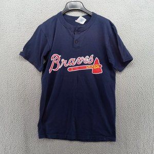 Atlanta Braves Shirt Mens Small Navy Blue Tomahawk 2‎ Button Henley Majestic